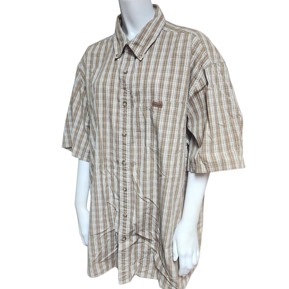 Carhartt Brown, Green, & Cream Plaid Short Sleeve Button Down Shirt (XL TALL)